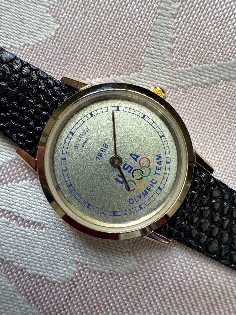 1988 Olympic Team Bulova Women's Black Strap Watch with Gold face - Picture 3 of 6